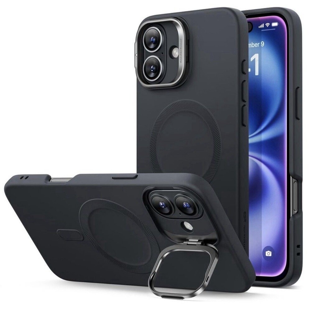 ESR Silicone Case for iPhone 16 Plus, Built-in Camera Stash Stand, Black